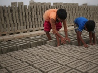 From left, Rabeya (8) and Samidul (6), work at a brick making field in Dhaka, Bangladesh on Thursday , January 21, 2021. They earn around 5-...