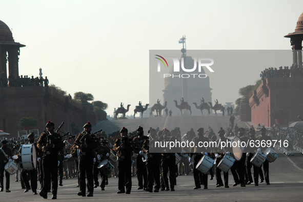  Indian Armed Force personnel during the Beating Retreat ceremony rehearsals ahead of the Republic Day parade, at Raisina Hills on January 2...