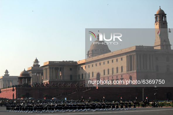 Indian Armed Force personnel during the Beating Retreat ceremony rehearsals ahead of the Republic Day parade, at Raisina Hills on January 21...