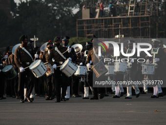 Indian Armed Force personnel during the Beating Retreat ceremony rehearsals ahead of the Republic Day parade, at Raisina Hills on January 21...
