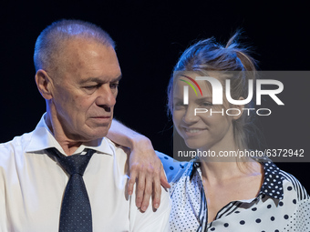 the actor Miguel Angel Sola and the actress Paula Cancio during the performance of ''Doble o nada'' at the Luchana theater in Madrid, Spain,...