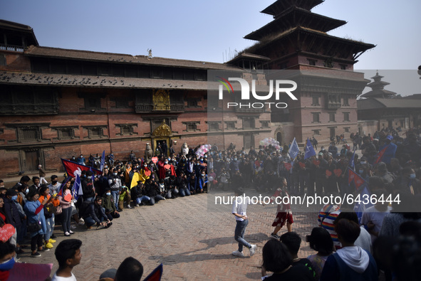 Nepalese youth performing romantic dance during Valentine’s Day program in Patan Durbar Square, Lalitpur, Nepal on Sunday, February 14, 2021...