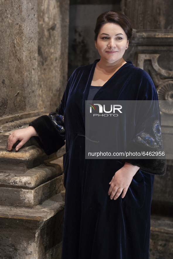 Russian soprano Hibla Gerzmava poses during the portrait session in Madrid, Spain, on February 22, 2021 