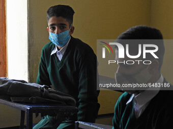  A student wearing a face mask as he attends attend a class in Srinagar,Kashmir on March 01 ,2021.Schools across the Kashmir valley re-opene...