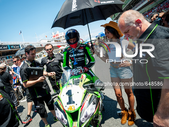 Kenny Noyes of the Kawasaki Palmeto PL Racing team pictured moments before start of the SBK Race in the FIM CEV Repsol 2015 which was held a...