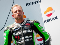 Kenny Noyes of Kawasaki Palmeto PL Racing team pictured during the Awards ceremony at the end of SBK Race in the FIM CEV Repsol 2015 which w...