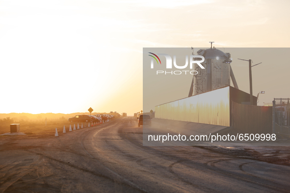 Starhopper is seen at sunrise on March 9th at SpaceX's South Texas launch site in Boca Chica, Texas.  