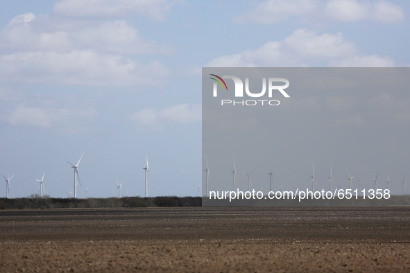 Wind turbines in Sebastian, Texas on March 9, 2021. After February's historic Texas power outages ERCOT and the Texas power grid at large is...