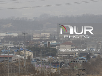 In this pictures taken date is March 6, 2021. Ultra fine dust covered industrial complex in Goesan, South Korea.  A thick spell of micro-dus...
