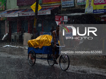 An indian trolly puller rides on trolly during heavy rains,in Allahabad on June 24,2015. (