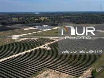 In this aerial view from a drone, the Florida Power & Light Echo River Solar Energy Center is seen on March 15, 2021 in Wellborn, Florida. T...