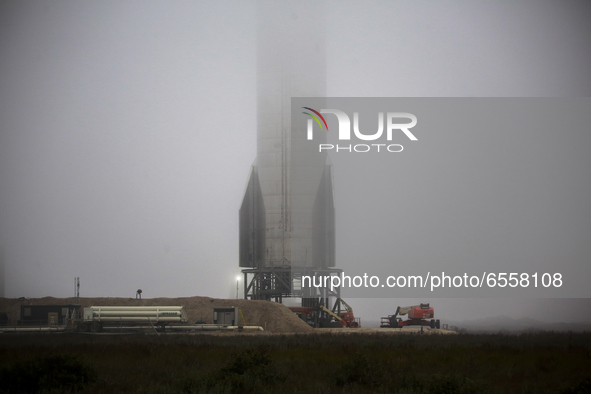 Starship SN11 in heavy costal fog at SpaceX's South Texas launch site in Boca Chica, Texas on the evening of March 24th, 2021.  
