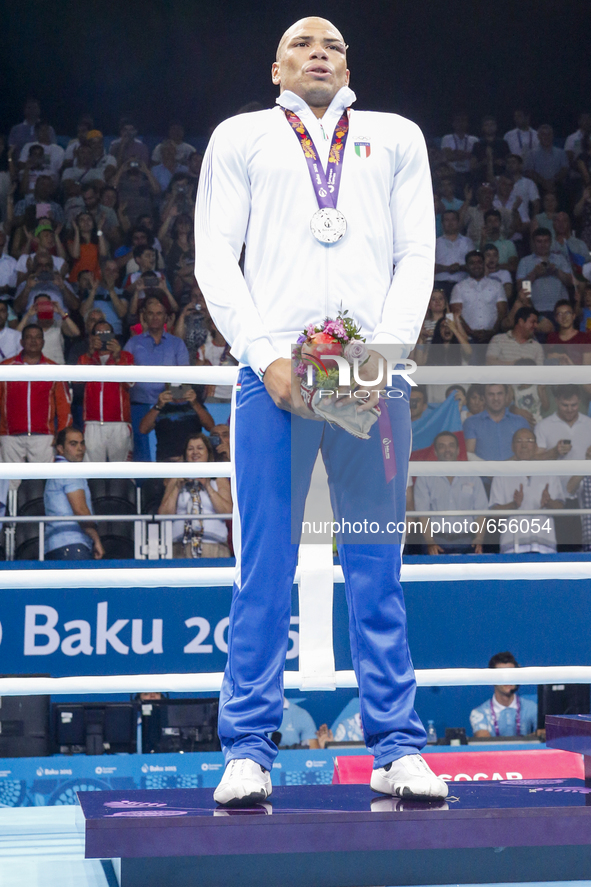 The silver medalist Valentino Manfredonia of Italy during the medal ceremony for the Men's Light Heavyweight 81kg final  of the Baku 2015 Eu...