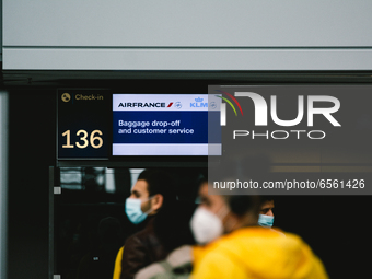 General view of air France check in counter at Duessedorf airport, Germany on March 26, 2021 as airlines adds more flights to cope with surg...