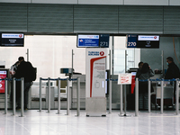 general view of Turkish airlines check in counter at Duessedorf airport, Germany on March 26, 2021 as airlines adds more flights to cope wit...