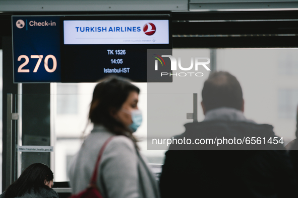 General view of Turkish airlines check in counter at Duessedorf airport, Germany on March 26, 2021 as airlines adds more flights to cope wit...