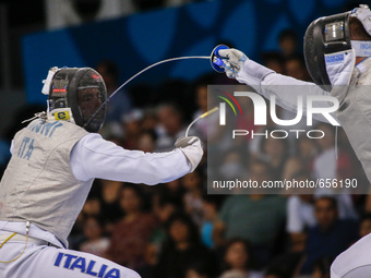 Francesco
Ingargiola(ITA)(R) and Alessio
Foconi (ITA)(L) compete in the Fencing - Men's Individual Foil Semi Final  of the Baku 2015 Europea...