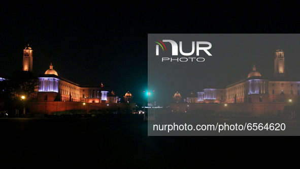 A view of the India's Presidential Palace 'Rashtrapati Bhavan' is pictured before the lights were switched off to mark Earth Hour in New Del...