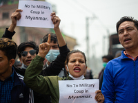 Nepalese student protest against military coup in Myanmar in front of Myanmar Embassy in Lalitpur, Nepal on March 31, 2021. (