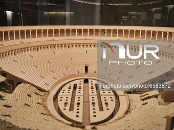 A plastic miniature of the Colosseum at the exhibition ''Gladiatori'' (Gladiators), at the Archaeological Museum of Naples, Italy, on April...