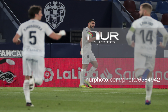 Rafa Mir  of SD Huesca celebrate after scoring the 0-2 goal with his teammate   during   spanish La Liga match between Levante UD  and  SD H...