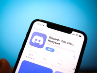 The Discord app is seen on an iPhone in this photo illustration in Warsaw, Poland on April 3, 2021. The communications and messaging platfor...