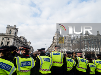 Line of police during Kill The Bill protest in London, Britain, 3 April 2021. Protests around the United Kingdom have been held in oppositio...