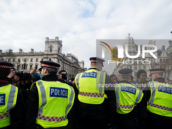 Line of police during Kill The Bill protest in London, Britain, 3 April 2021. Protests around the United Kingdom have been held in oppositio...