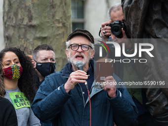 LONDON, UNITED KINGDOM - APRIL 03, 2021: Former Labour Party leader Jeremy Corbyn speaks at a rally in Parliament Square during a protest ag...