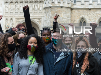 LONDON, UNITED KINGDOM - APRIL 03, 2021: Former Labour Party leader Jeremy Corbyn (C) poses for a picture with supporters from Black Lives M...