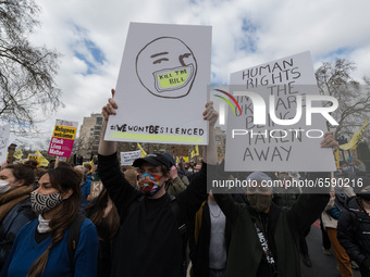 LONDON, UNITED KINGDOM - APRIL 03, 2021: Demonstrators march through central London in a protest against government’s Police, Crime, Sentenc...