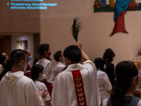 A Catholic priest carries out the traditional blessing of the faithful during the Easter mass at Our Lady of Mount Carmel in Wanchai. (