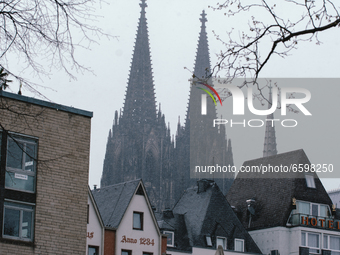 Dom cathedral  is seen as rare April snowfalls in Cologne, Germany on April 6, 2021 (