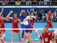 The russian players react after winning the  the match against Polonia at  the final for bronze at  Baku 2015 European Games at the Crystal...