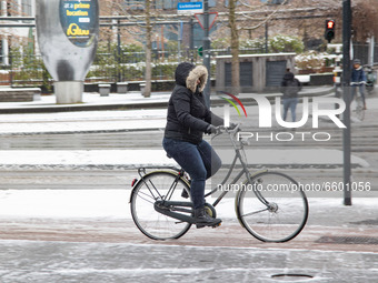 A woman as seen cycling a bike during the snow. The third day of the unusual April snowfall in The Netherlands, the country wakes up snow co...