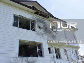 View of a damaged residential house where the militants were believed to be trapped during cordon in Gulab Bagh area of Srinagar, Indian Adm...