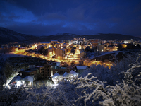 Snowy sunset in the city of L'Aquila, 7 April 2021, amidst the COVID-19 outbreak in Italy. (
