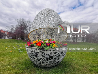 Easter eggs decorations with spring flowers are seen at Doncaster Square in Gliwice, Poland on April 4th, 2021.
 (