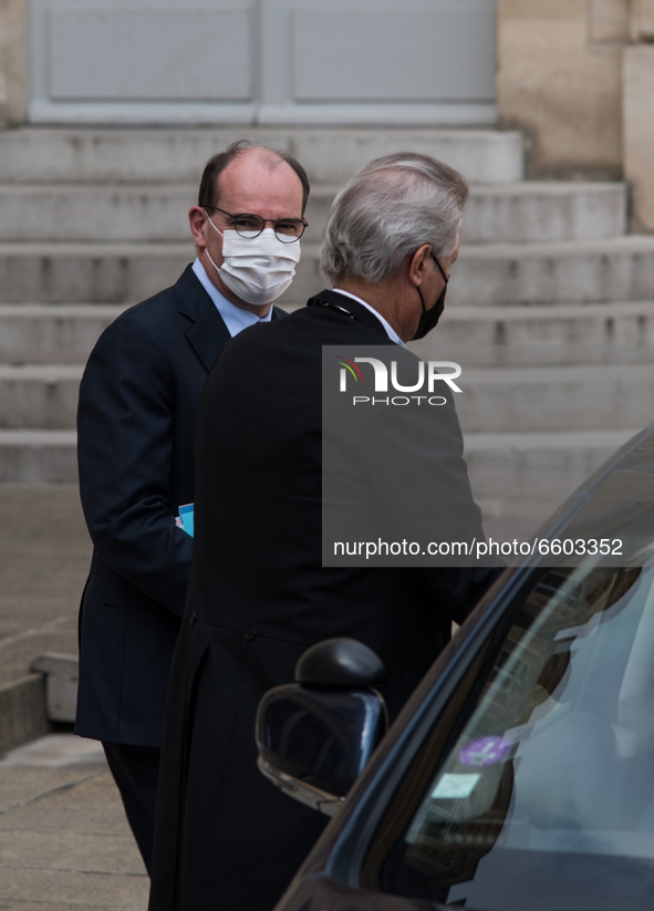 French Prime Minister Jean Castex leaves the Elysee Palace at the conclusion of the Council of Ministers, in Paris, on April 8, 2021. 