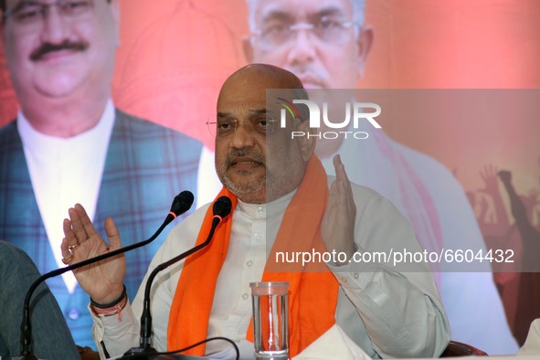 Union Home Minister and Senior BJP Leader Amith Shah meet the press ahead West Bengal Assembly polls on April 09,2021 in Kolkata,India. 