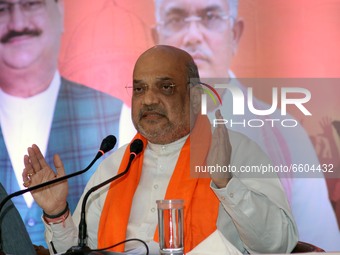 Union Home Minister and Senior BJP Leader Amith Shah meet the press ahead West Bengal Assembly polls on April 09,2021 in Kolkata,India. (