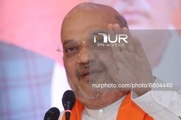 Union Home Minister and Senior BJP Leader Amith Shah meet the press ahead West Bengal Assembly polls on April 09,2021 in Kolkata,India. 