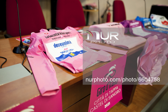 The Giro d'Italia's pink jersey during the presentation of the stage towns. A month before the start of the Giro d'Italia, Abruzzo is prepar...