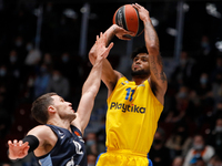 Tyler Dorsey (R) of Maccabi Playtika Tel Aviv shoots as Billy Baron of Zenit St Petersburg defends during the EuroLeague Basketball match be...