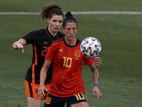 Jenni Hermoso (FC Barcelona) of Spain and Dominique Janssen of Netherlands competes for the ball during the Women's International Friendly m...