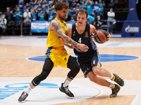 Kevin Pangos (R) of Zenit St Petersburg and Scottie Wilbekin of Maccabi Playtika Tel Aviv in action during the EuroLeague Basketball match b...