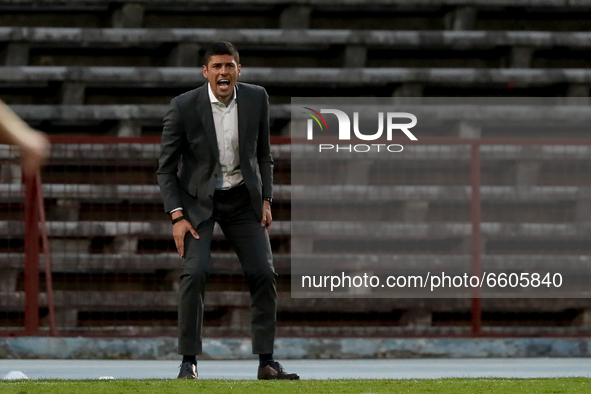Portugal's head coach Francisco Neto reacts during the UEFA Women's EURO 2022 play-off first leg match between Portugal and Russia, at the R...