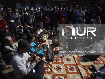 Devotees playing traditional instruments during the first day of the Biska or Bisket Jatra at Taumadi, Bhaktapur, Nepal on Saturday. April 1...