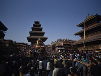 Nepalese Devotees pulling the chariot of Bhairab during the first day of the Biska or Bisket Jatra at Taumadi, Bhaktapur, Nepal on Saturday....