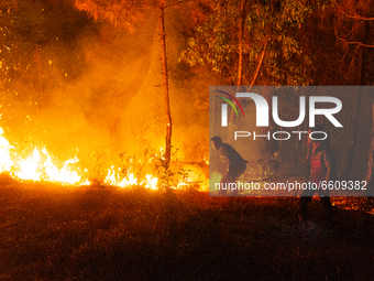 A resident tries to extinguish the fire in a forest of Nagarkot in Bhaktapur Nepal on April 11, 2021. (